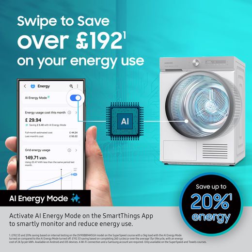 Samsung Series 5 OptimalDry™ DV80CGC0B0AE Wifi Connected 8Kg Heat Pump Tumble Dryer - White - Annotation - AI energy mode